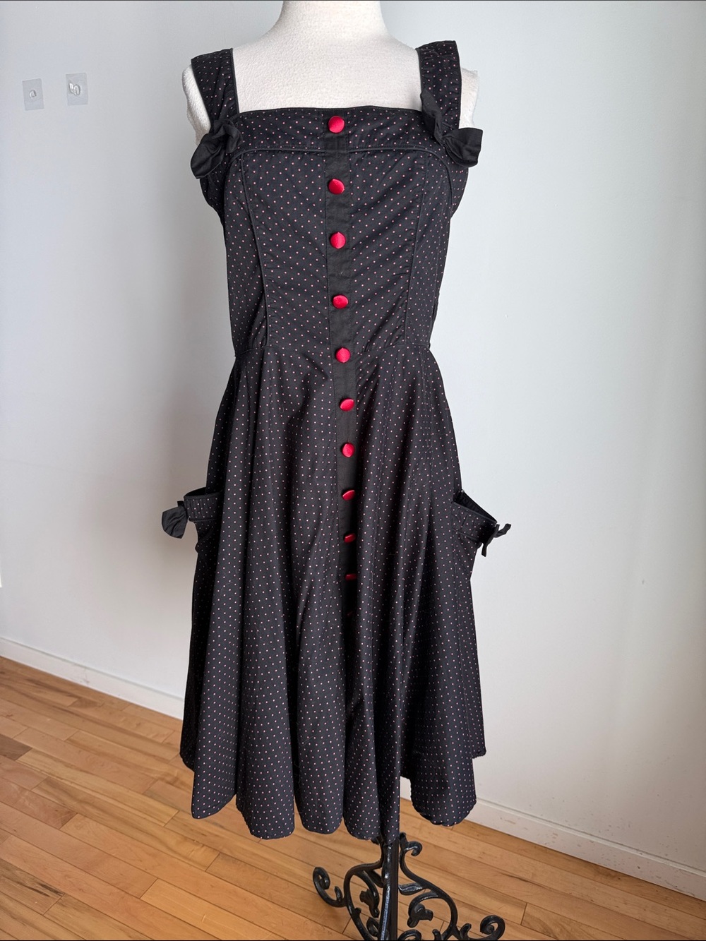 HELL BUNNY Vintage-Inspired Black Polka Dot Dress with Red Buttons